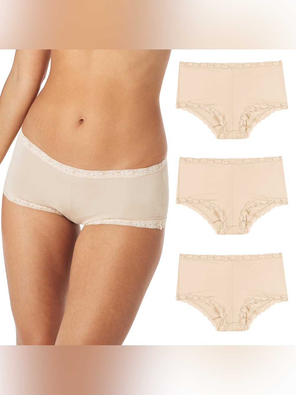 Maidenform Fabulous Fit Boyshort Panties Women's Size 7/L Beige Lace Trim 3 Pack